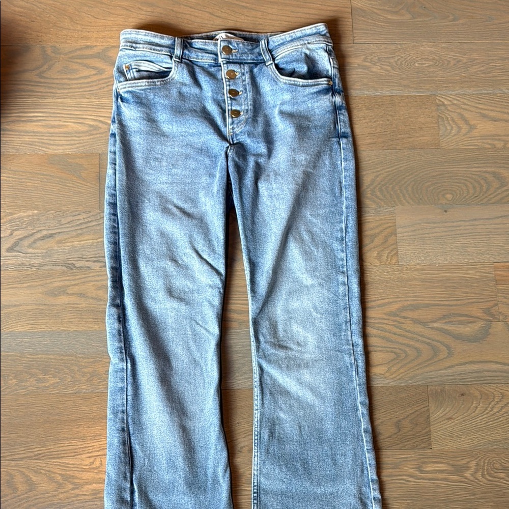 Zara blue wash flare jeans with gold buttons